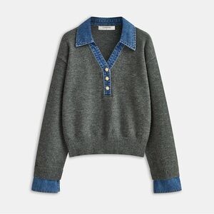 Commense Gray V-Neck Sweater with Denim Accents
